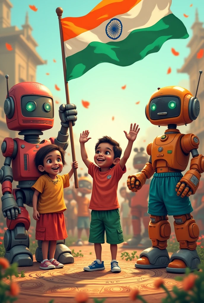 Robots and children holding Indian flags and celebrating independence day and background should be in Indian theme and the image should be in 1:1 ratio
