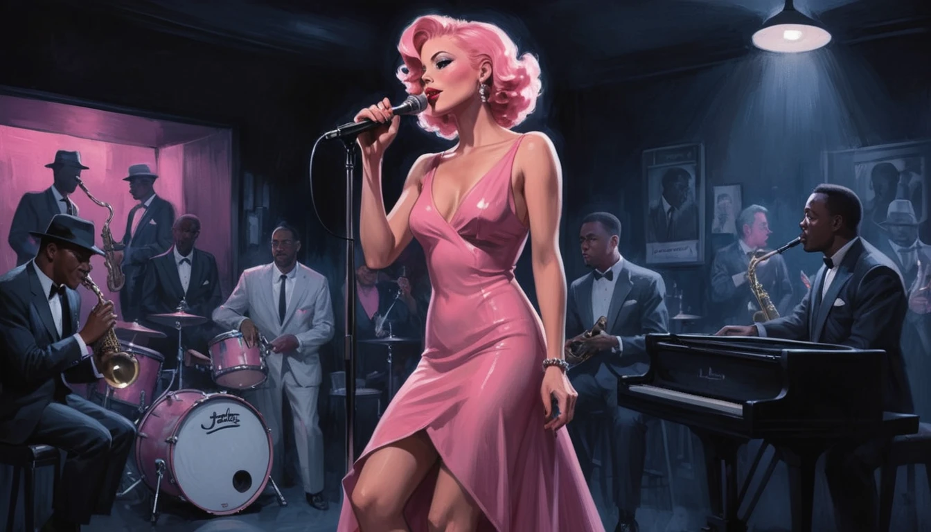 alabama bar, blue note, charismatic, baterist, guitarist, saxophonist, jazz band, pink dress, illustration, noir fantasy, singer lady, 