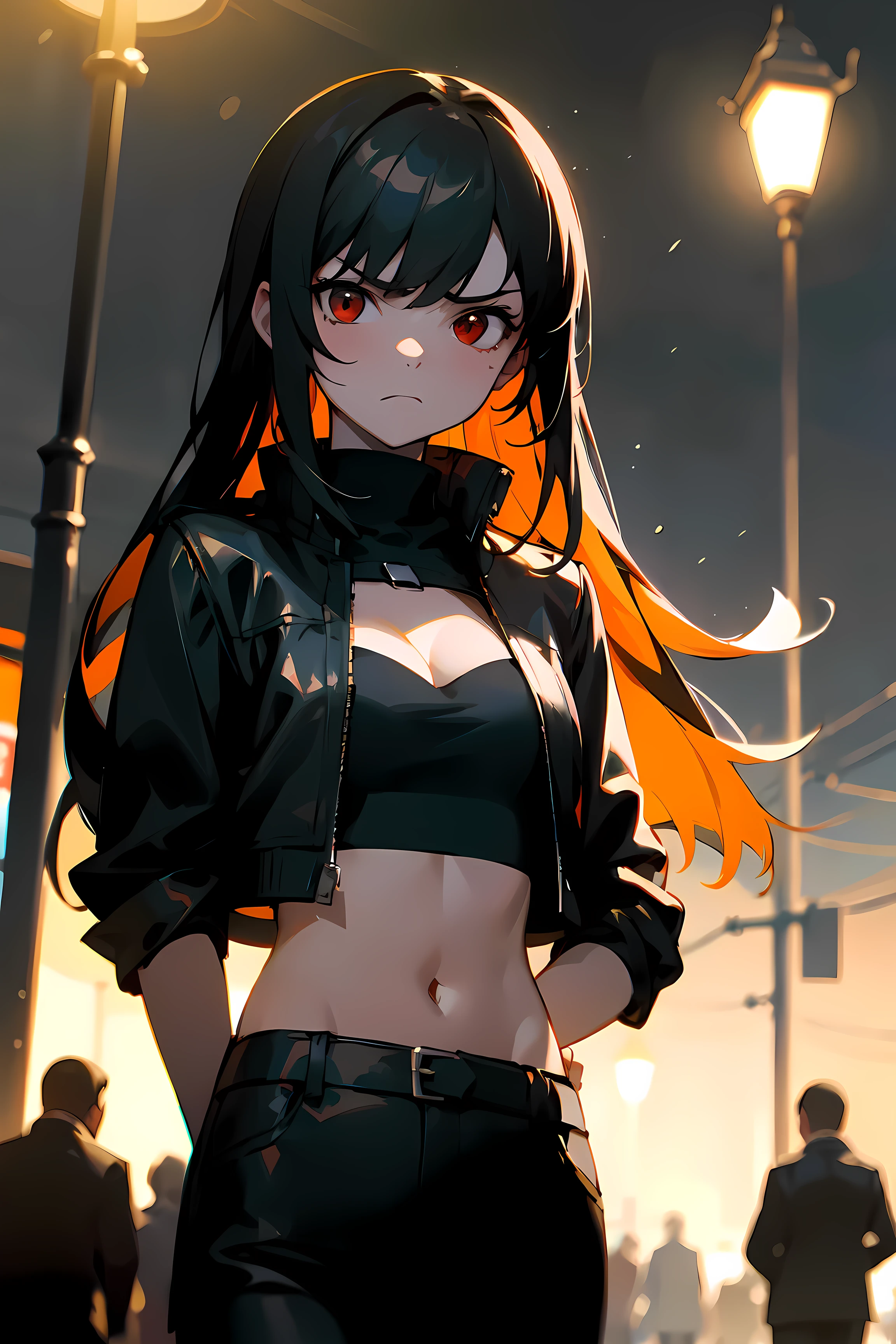 (masterpiece, best quality:1.3), sfw, solo, dutch angle, 1girl, red eyes, serious, frown, black hair, long hair, straight hair, crop top, midriff, cleavage, leather jacket, black jacket, black pants, outdoors, street background, (lamppost:1.2), (night), sharp focus, depth of field, (subsurface light scattering), backlighting, absurdres