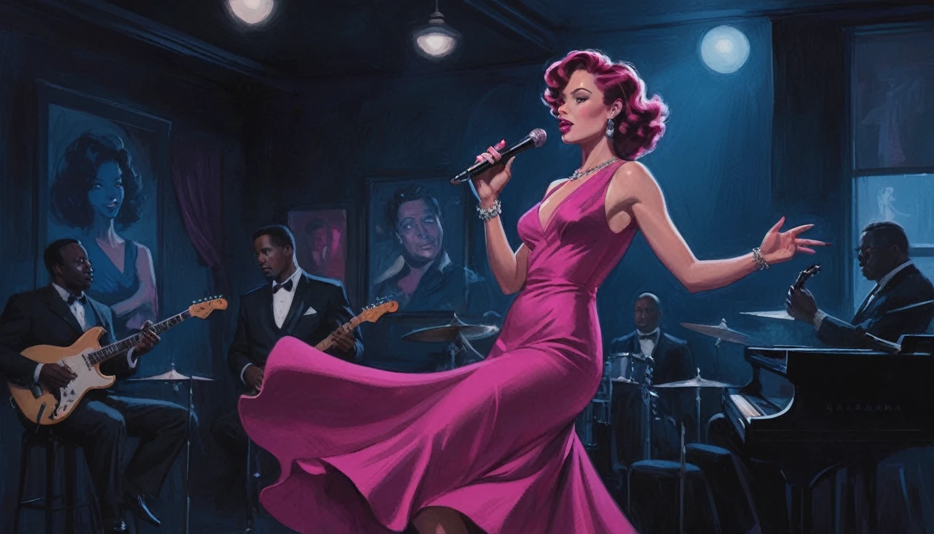 alabama bar, blue note, charismatic, baterist, guitarist, saxophonist, jazz band, fuchsia dress, illustration, noir fantasy, singer lady,