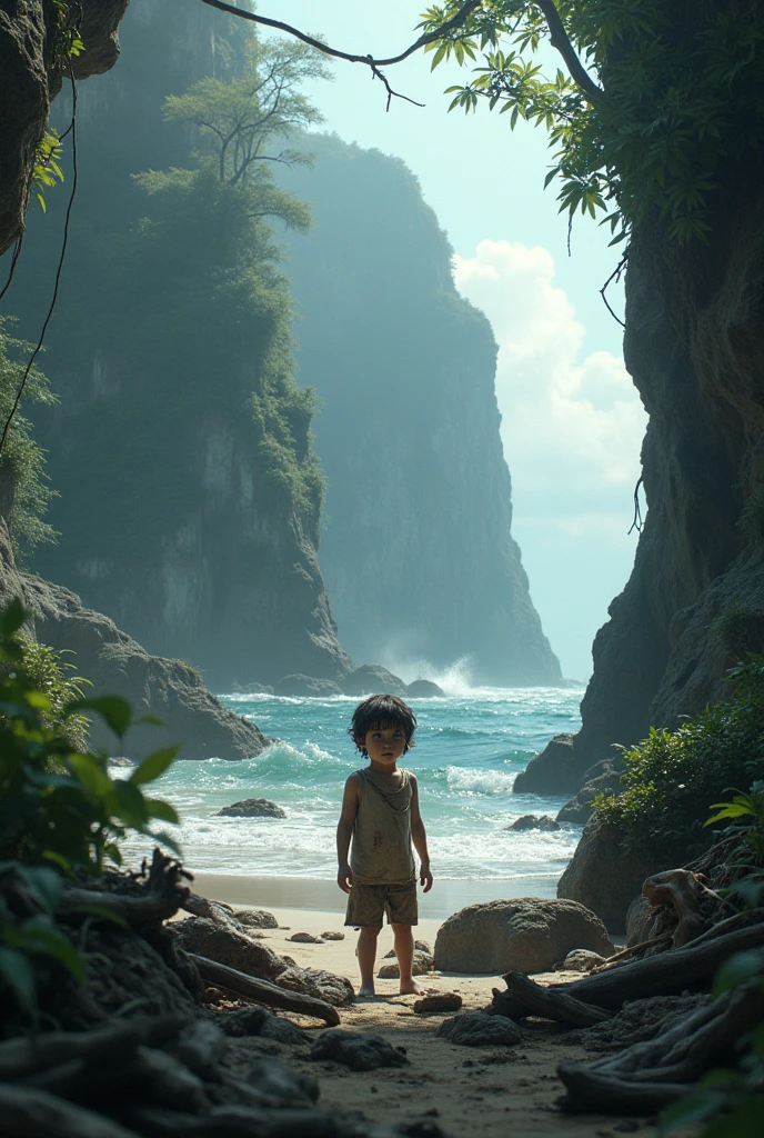 A helpless boy is stranded on an island in a shipwreck
