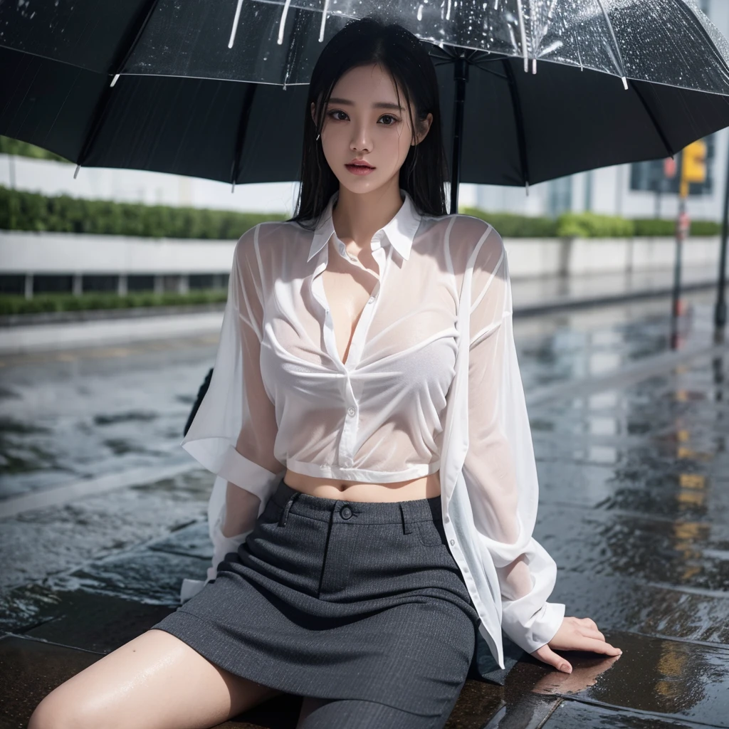 Sexy pose、mini skirt、Leg spread、Hair getting wet in the rain、Transparent shirt、Beautiful woman getting wet in the rain、typhoon、Get wet without an umbrella、Beautiful woman in the rain、雨で濡れたBeautyOL、Detailed face、Realistic、beautiful girl、Beauty、Office Lady Uniform、beauty、Transparent nipples、Beautiful woman、Narrow waist、Handsome woman、Tight pants look、suit、Sexy pose、タイトなsuitパンツ、雨で濡れたsuit、Wet naked shirt、See-through shirt、Shot in heavy rain、Naked shirt