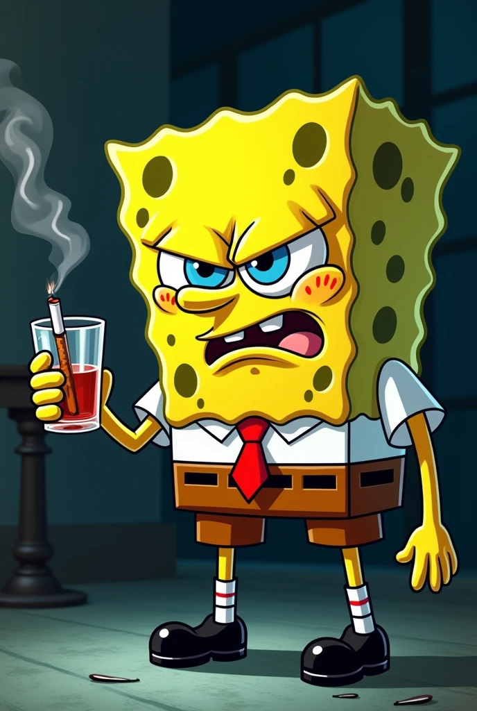 Spongebob hold alcohol one glasses and angryface and one hand is smoking a cigarette