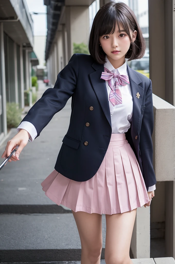high school girl、The whole body is visible、Beautiful feet、mini skirt、A black blazer、Bob Hair、Black Hair、Black loafers、Pleated skirt、Checkered Skirt、Blue Skirt、Navy blue short socks、Ribbon on neck、Pink bra、Pink panties、school uniform、Are standing、White blouse、Putting a shirt in a skirt、School Bags、Her skirt is flipped up