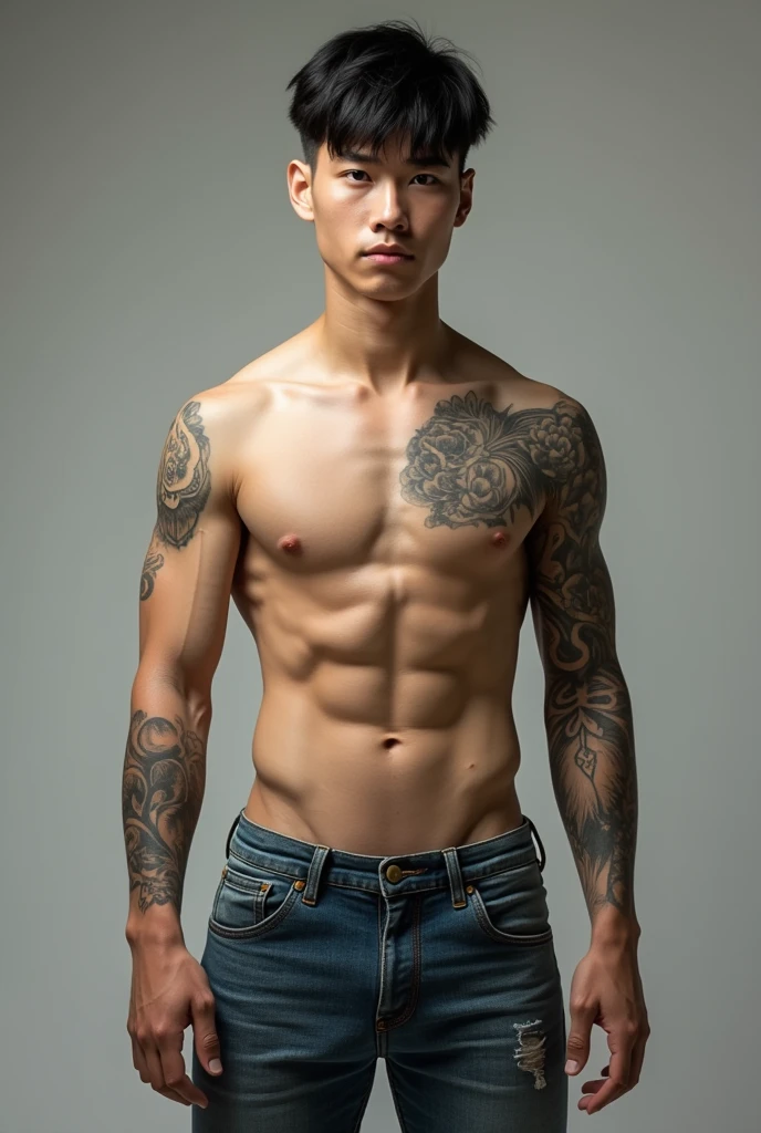 Shirtless mongolian male teenager, with pale skin, wearing jeans 