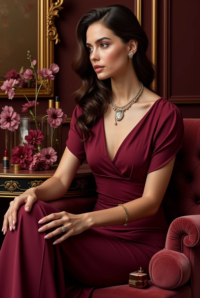 I need a logo for a makeup and clothing brand with wine and gold colors referring to elitist and bourgeois femininity with the writing lily vanderwoodsen and luxury items