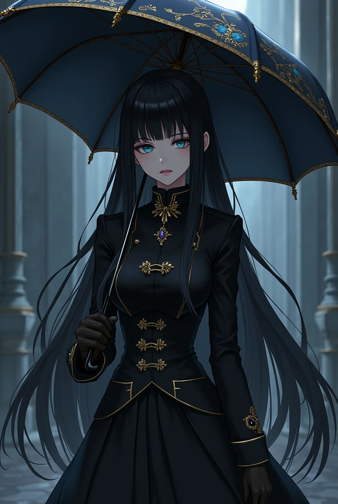 A tall women with long black hair and blue eyes, wearing a black fontainien clothing style with pants little gold and jewelry on her clothes and not too much skin showing. Shes a miltary force but she wairs a uniform with much gothic detail and not showing any skin. Has a lifeless or cold face and the place around her is dark lifeless. She wairs a black umbrella with a gold Frame and blach blue cherryblossom designe. In anime desgine.