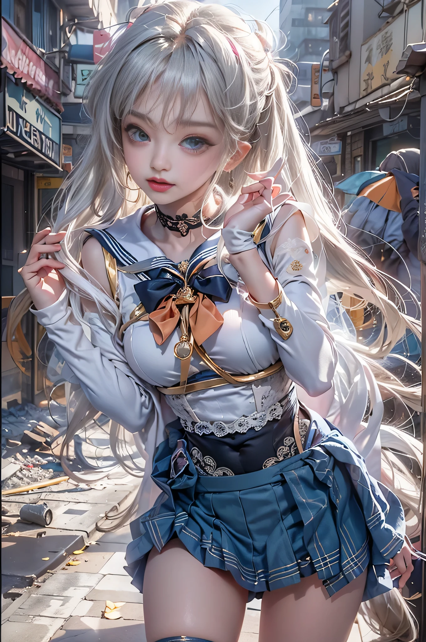 Jenny in a gorgeous sheer blue short dress from Blackpink, masterpiece, Highest quality, High resolution, Venus 1, Yui, (Sailor Warriors:1.4), Sailor Venus, aino minako, Golden white hair, Magic , Blue eyes, Orange Skirt, Elbow-length gloves, Land, 60% Pleated mini skirt , Hair Ribbon, Sailor collar orange, mini skirt, choker, Red Bow, Orange choker, White gloves, Very long hair, gem, Earrings, Denim throw, View from below, ((Intricate details)), They're laughing,,More detailed 8K.Unreal Engine:1.4,Hmph,Highest quality:1.4, photorealista:1.4, Skin Texture:1.4, masterpiece:1.8,masterpiece, Better Quality,Object Object], (Detailed facial features:1.3),(Destroyed apocalyptic city:1.4),( Jennie BLACKPINK:1.4)c:1.4), 16k hdr,),Sexy pose,((Skirts fly up))、((White lace panties:1.2))(8k、RAW Photos、Highest quality、masterpiece:1.2)、(Realistic、Photorealistic:1.37)、１Beautiful Japanese girl、Perfect body、20-year-old、Sexy Girl Sailor Suit costume、Medium chest、(Light on face and chest)、(((((Underbust)))))、Lower Breast、Oily skin、skinny、 (Sexy with a little bit of chest exposed)、(The underboob is visible、I can see my belly button and ribs)、Ultra-small mini skirt that shows hips and lower abdomen 、sensual face、Provocative smile、