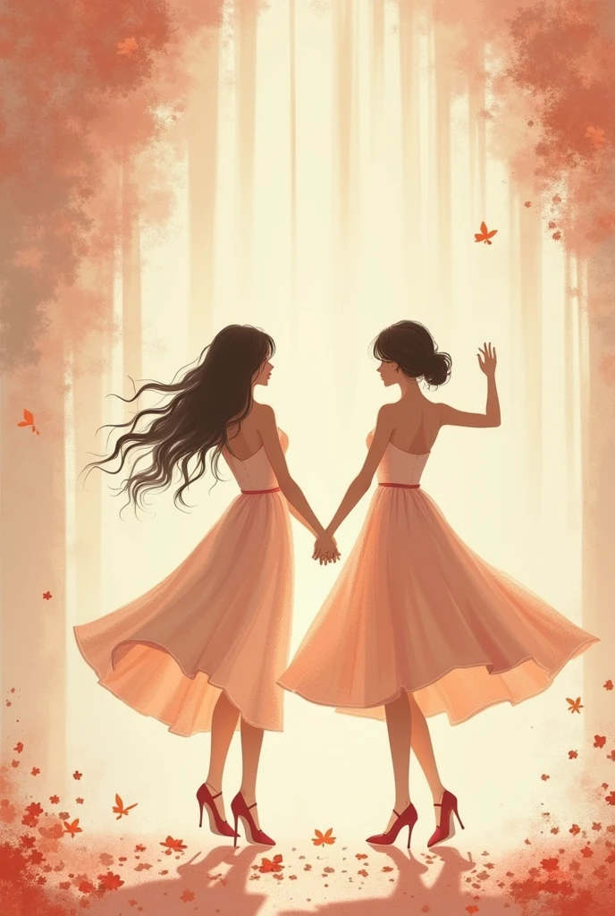 Create an elegant simple invitation. It should have two girls dancing and some singing elemnts. Make it simple and elegant. Leave space in cente