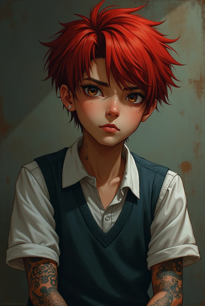 A  boy, he has red hair,He is brown-skinned,he has a piercing in his eyebrow, he has small eyes,He wears a school uniform and has a tattoo all over his arm.