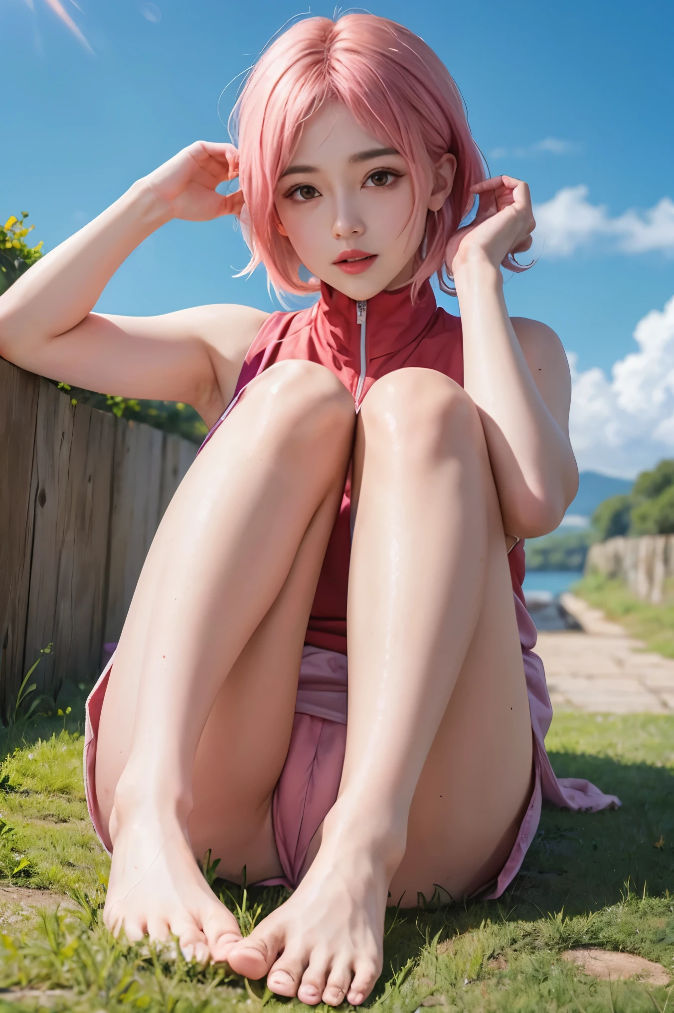Yes, sarada, sweating, show legs, Soles, legs, pink hair