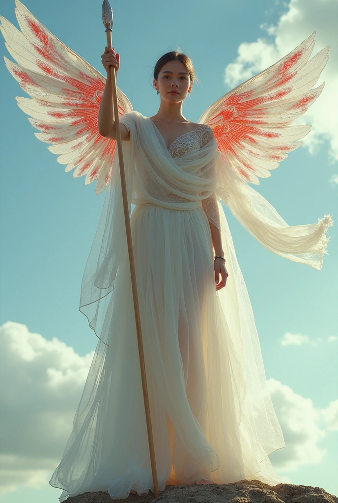 Naked, nude, topless, A woman wearing a shawl made of used plastic, highlighting large and sexy breasts, soft transparent red and white colour with red and white motifs, with wings like Indonesian garuda, holding a spear, elegant minimalist classic design, wearing a very long white skirt with patterns, above the sky, flying, hovering, with a shooting angle from the front, very realistic, (complex detail: 0.9), (hdr, hyperdetail: 1.2), RAW, Sony Alpha a9 II, 24-105mm f/4, HDR, beautiful indonesian girl