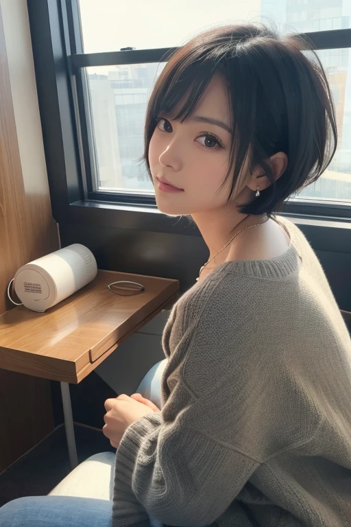 A woman with short black hair sitting by a window a short distance away。Looking at this。