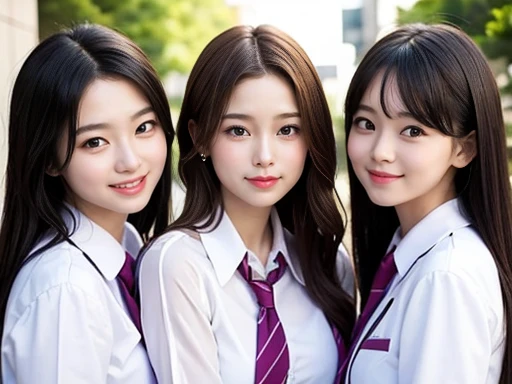 each々Three beautiful girls taking cute poses、All three beautiful girls with different hairstyles、Detailed and beautiful school uniforms、smile