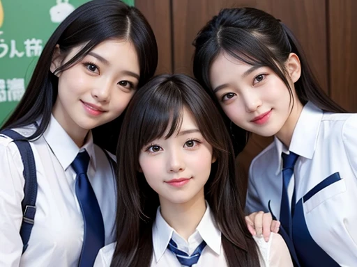each々Three beautiful girls taking cute poses、All three beautiful girls with different hairstyles、Detailed and beautiful school uniforms、smile