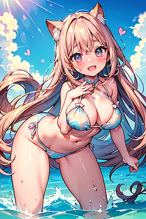 (Exquisite, beautiful, Very detailed, masterpiece, high quality,High resolution),(Soft and thin lines: 1.2, Beautiful and delicate face), （Fluffy fox ears,Fluffy tail,Beastly eyes,Small Mouth,High nose,小さなSharp Fangs）,(((Big Breasts:1.8,forward leaning posture,A pose that emphasizes the chest))),(Revealing swimsuit:1.2,Race,Frills）,She is fidgety and embarrassed,Laughing happily ,((Ocean:1.2,Sandy Beach,Cumulonimbus,)),(Fluffy wavy bob hair,White skin and short eyebrows,Pale pink cheeks,Very small nose and mouth,Sharp Fangs,Plump pink lips,Quite large and fluffy bust,獣の瞳,Plump thighs,),Bright colors,Colored pencil art,Floating Hearts,牙を見せる, 