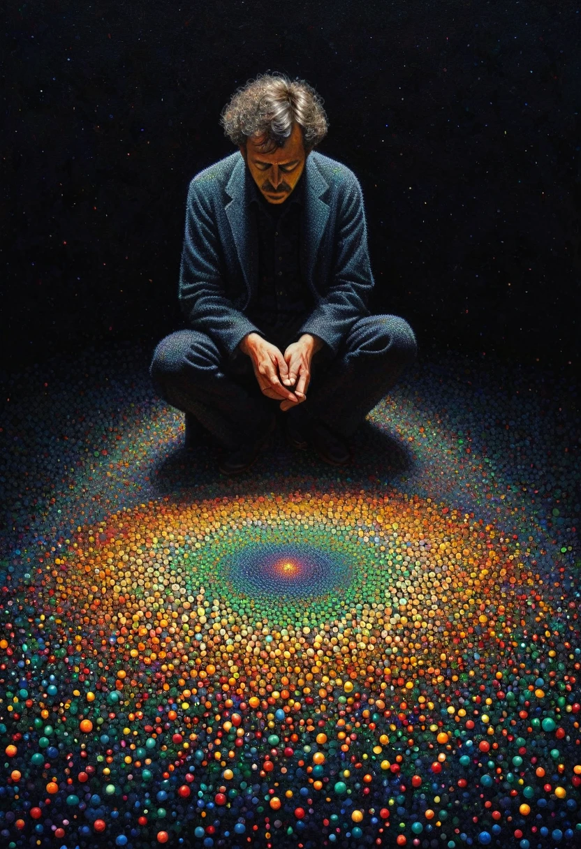 pointillism, a tormented genius contemplates the futility of things and concludes that everything is useless, micro dots representing blind spots, 8k, work of art, Brilliant composition, deep dark contrast, minimal use of colors
