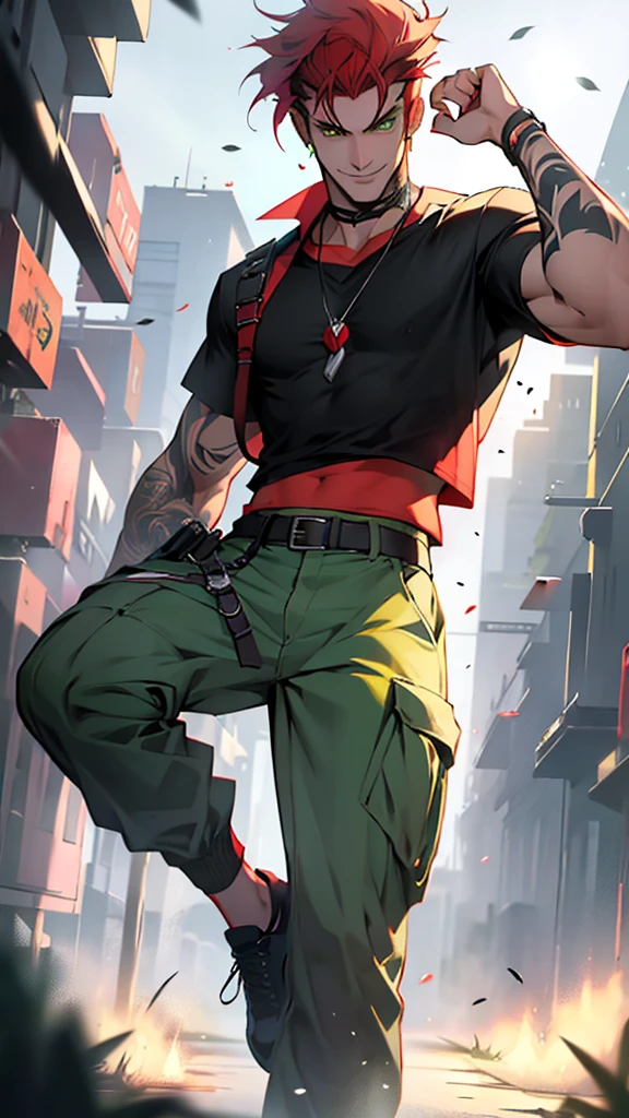 1 athletic, 20 year old male, clean shaven, tall, evil, rich, aura, fantasy, modern, smiling, cunning, tattoos, green pupils, short red hair, rich, black t-shirt, cargo pants.