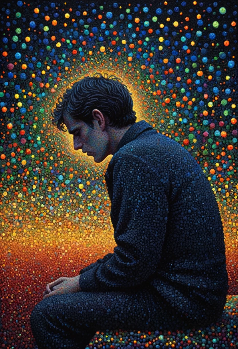 pointillism, a tormented genius contemplates the futility of things and concludes that everything is useless, micro dots representing blind spots, 8k, work of art, Brilliant composition, deep dark contrast, minimal use of colors