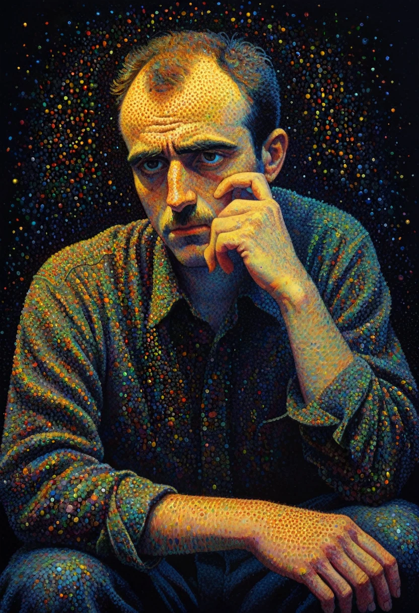 pointillism, a tormented genius contemplates the futility of things and concludes that everything is useless, micro dots representing blind spots, 8k, work of art, Brilliant composition, deep dark contrast, minimal use of colors