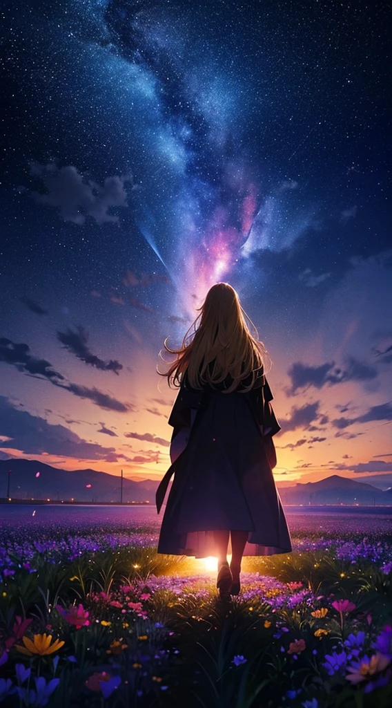 1people々々々々々々々々々々,Blonde long-haired woman,Long coat, Dress Silhouette, Rear View,Space Sky, Flower Field,Colorful flowers