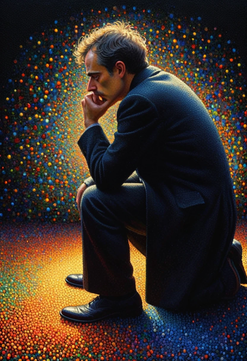 pointillism, a tormented genius contemplates the futility of things and concludes that everything is useless, micro dots representing blind spots, 8k, work of art, Brilliant composition, deep dark contrast, minimal use of colors
