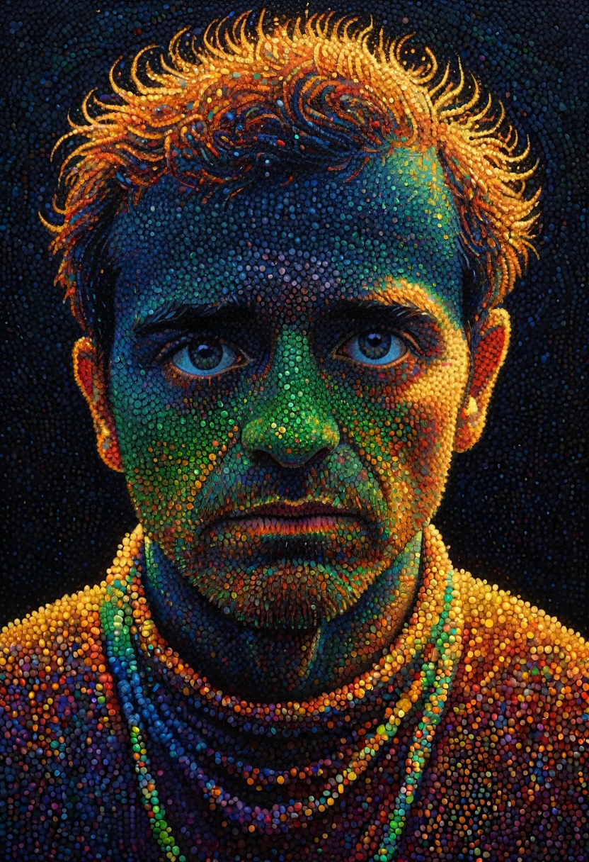pointillism, a tormented genius contemplates the futility of things and concludes that everything is useless, micro dots representing blind spots, 8k, work of art, Brilliant composition, deep dark contrast, minimal use of colors