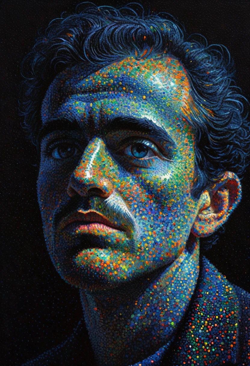 pointillism, a tormented genius contemplates the futility of things and concludes that everything is useless, micro dots representing blind spots, 8k, work of art, Brilliant composition, deep dark contrast, minimal use of colors