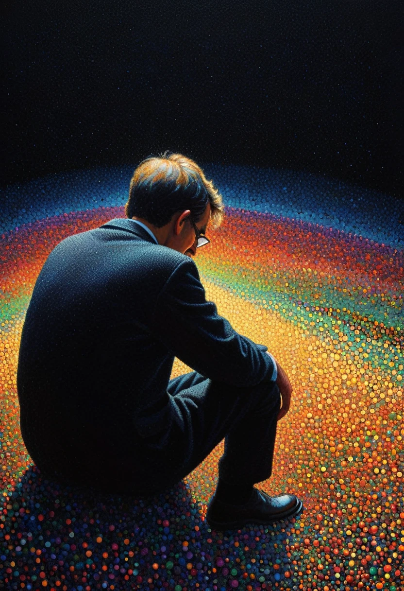 pointillism, a tormented genius contemplates the futility of things and concludes that everything is useless, micro dots representing blind spots, 8k, work of art, Brilliant composition, deep dark contrast, minimal use of colors