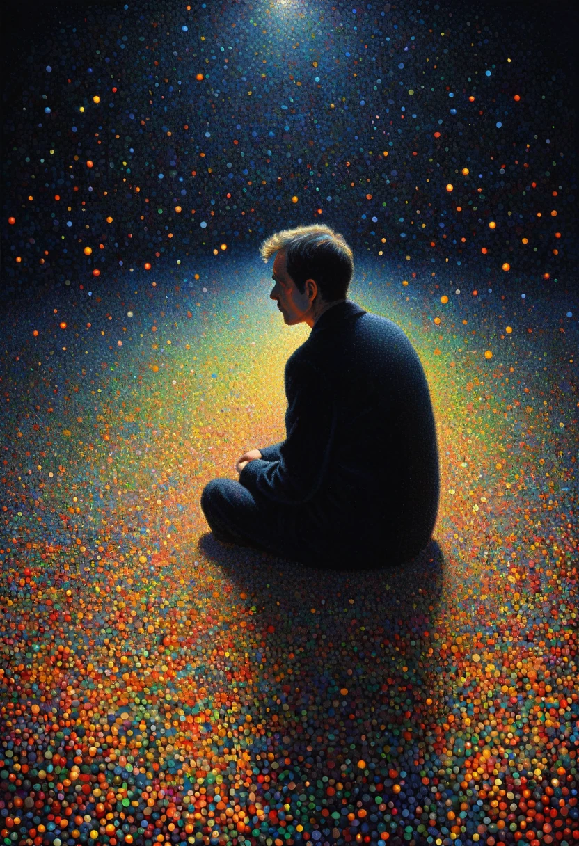 pointillism, a tormented genius contemplates the futility of things and concludes that everything is useless, micro dots representing blind spots, 8k, work of art, Brilliant composition, deep dark contrast, minimal use of colors