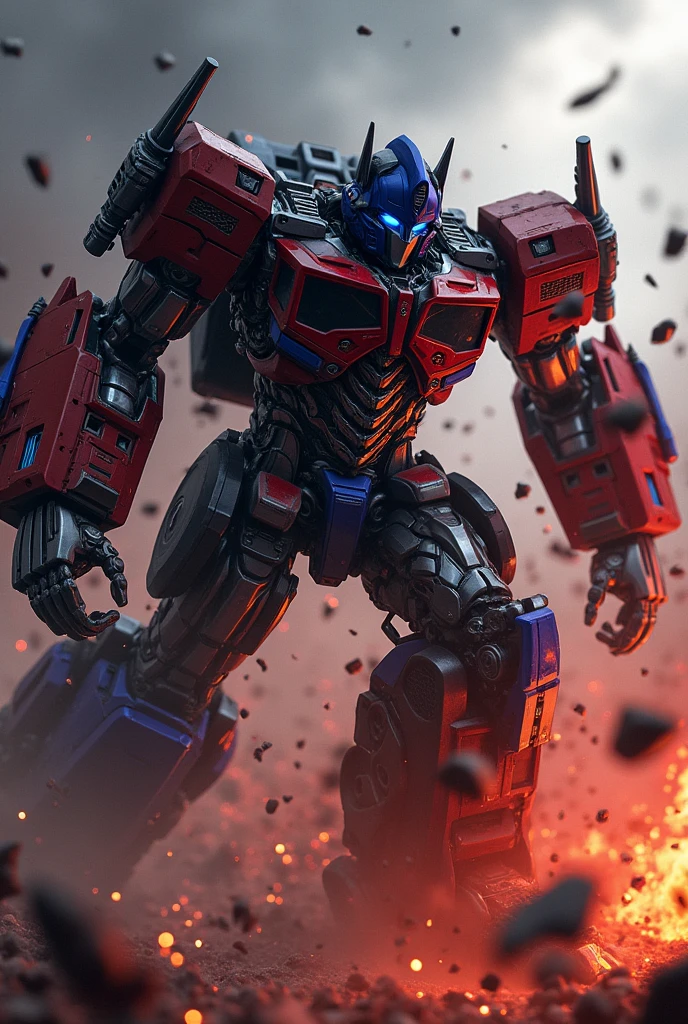 a highly detailed digital art illustration of Optimus Prime, the heroic Autobot leader, in an epic battle against Kirito, the protagonist of Sword Art Online, with intense blood and gore effects, dramatic lighting, cinematic camera angle, stunning 3D rendering, intricate mech and cyberpunk elements, dark and gritty atmosphere, vibrant colors, striking contrast, masterful attention to detail