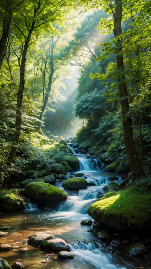 Viral anime nature wallpaper in 4K quality, in the style of digital illustration inspired by Hayao Miyazaki, featuring a serene forest with towering ancient trees, dappled sunlight filtering through the leaves, a gentle stream flowing through the scene, and mystical creatures peeking from behind the foliage; vibrant and warm color temperature, cosmos lighting with stars twinkling in the sky, no human characters, the atmosphere is tranquil and enchanting --v 5 --stylize 1000