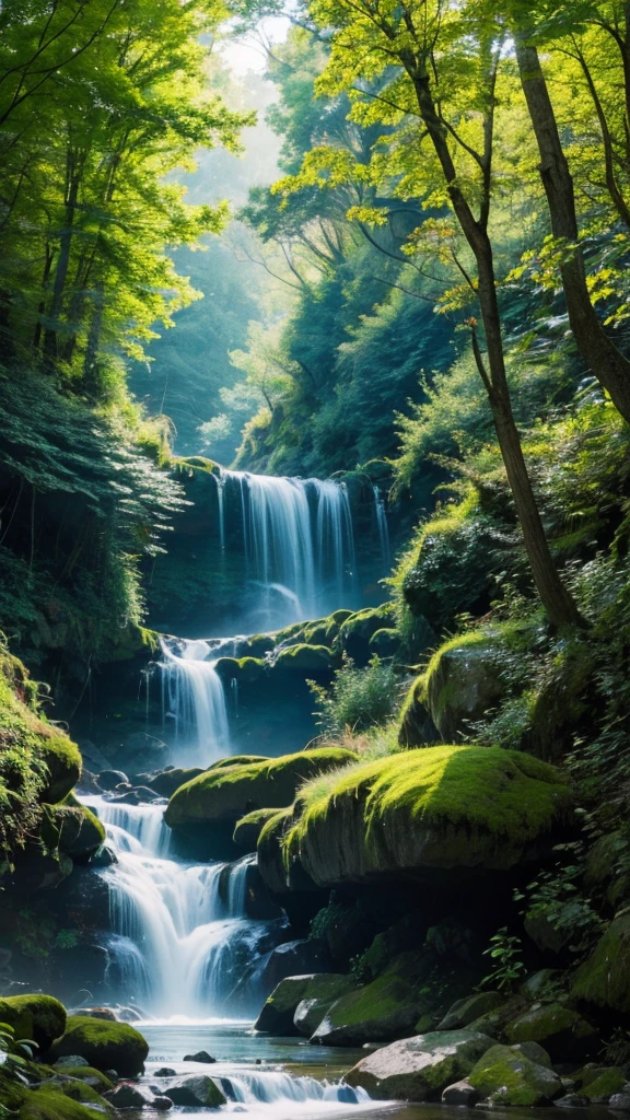 Viral anime nature wallpaper in 4K quality, in the style of digital illustration inspired by Hayao Miyazaki, featuring a serene forest with towering ancient trees, dappled sunlight filtering through the leaves, a gentle stream flowing through the scene, and mystical creatures peeking from behind the foliage; vibrant and warm color temperature, cosmos lighting with stars twinkling in the sky, no human characters, the atmosphere is tranquil and enchanting --v 5 --stylize 1000