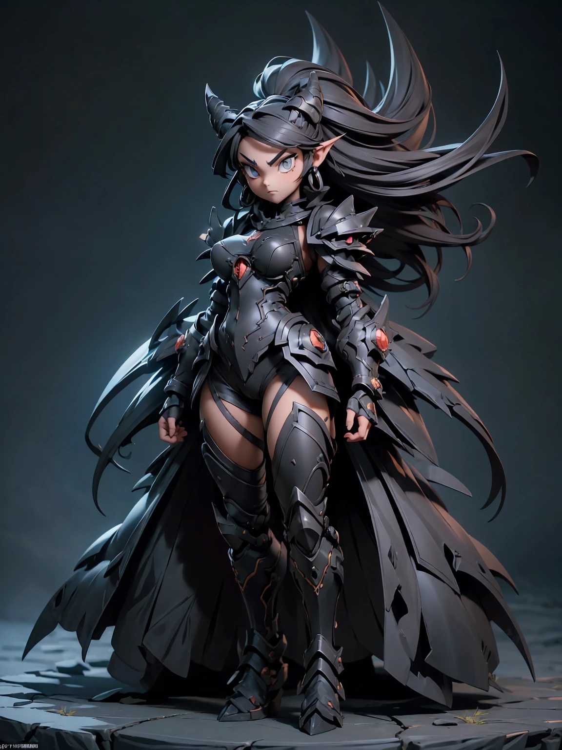 (((masterpiece, best quality, high detailed, 16k))) (1girl) A fierce girl donning armor reminiscent of Black WarGreymon, her eyes burning with determination and strength. Her hair is a stark black with streaks of silver, flowing around her fierce expression. She wears a dark, metallic armor, adorned with menacing spikes and intricate patterns of red and black, echoing the design of a powerful Digimon warrior. The armor is both robust and sleek, offering maximum protection while enhancing her intimidating presence. She wields a massive, clawed gauntlet, and her stance exudes readiness for battle. Around her, a dark aura pulses with raw energy, hinting at her immense power and relentless spirit. ((full body view:1.4))