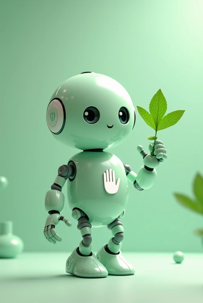 Small light green robot with open hand symbol on chest, friendly with a mint leaf in hand 