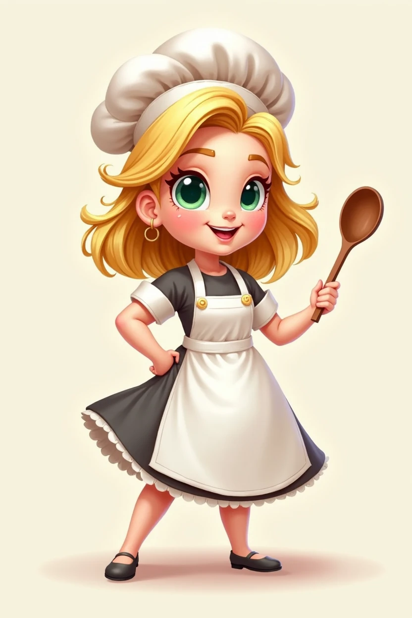 A food logo with a cartoon character of a white female cook, with green eyes and blonde hair dressed in a dress with a wooden spoon in her hand