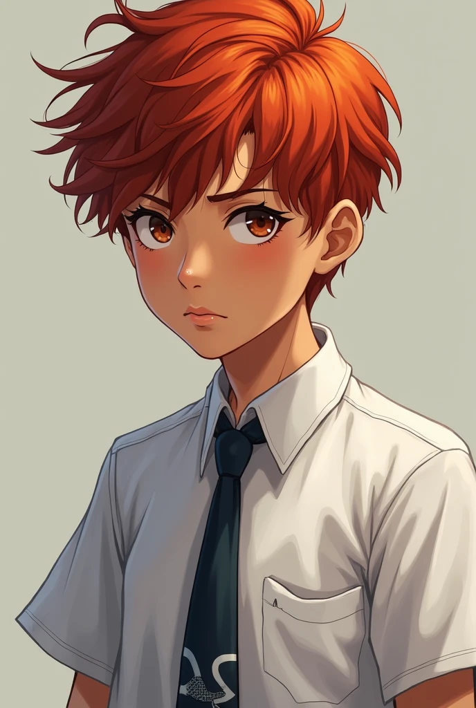 A 17 year old boy, he has red hair,He is brown-skinned,he has a piercing in his eyebrow, he has small eyes,and wears a school uniform
