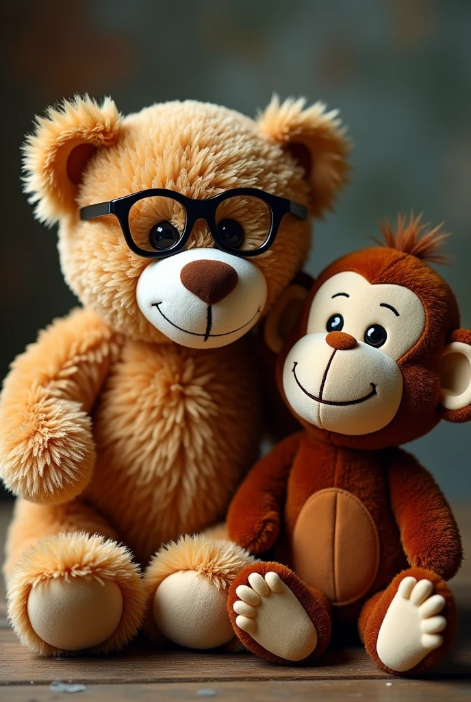 A teddy bear wearing glasses and a smiling stuffed monkey are side by side