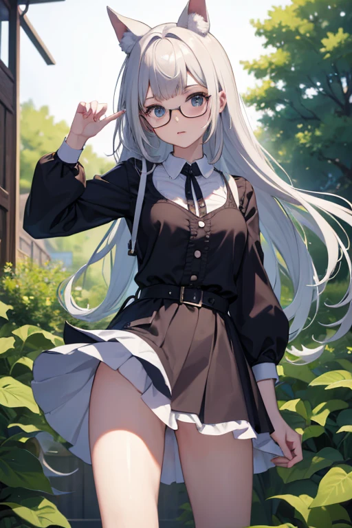 Highest quality、masterpiece、High sensitivity、High resolution、Detailed Description、Slender women、Glasses、The skirt seems to turn up、Protect with your hand、