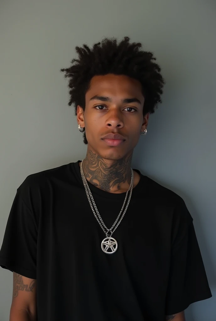 There is a young man in a black shirt and necklace, mateus 9 5, caio santos, about 1 , xxxtentacion, taken in the early 2020s, astor alexande, andro, salvador, guapo, black teenager , adir Afonso, Riyahd Cassiem