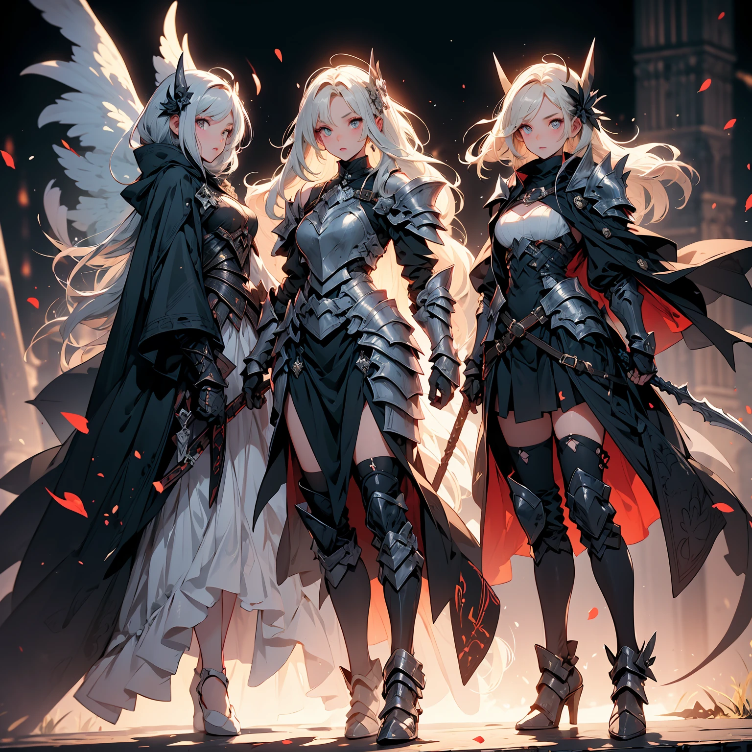 (((masterpiece, best quality, high detailed, 8k))) Design a layout showcase Gaming character, (1girl). Black|Gold clothes, stylish and unique. ((showcase weapon:1.4)), dark scythe. (masterpiece:1.2), (best quality), 4k, ultra-detailed. (Step by step design, layout art:1.5), (luminous lighting, atmospheric lighting). necromancer, ((glove full hands)), (((revealing clothes:1.3))), vambraces, armored legwear, (((full_body_shot:1.4))). {In a haunted graveyard}.