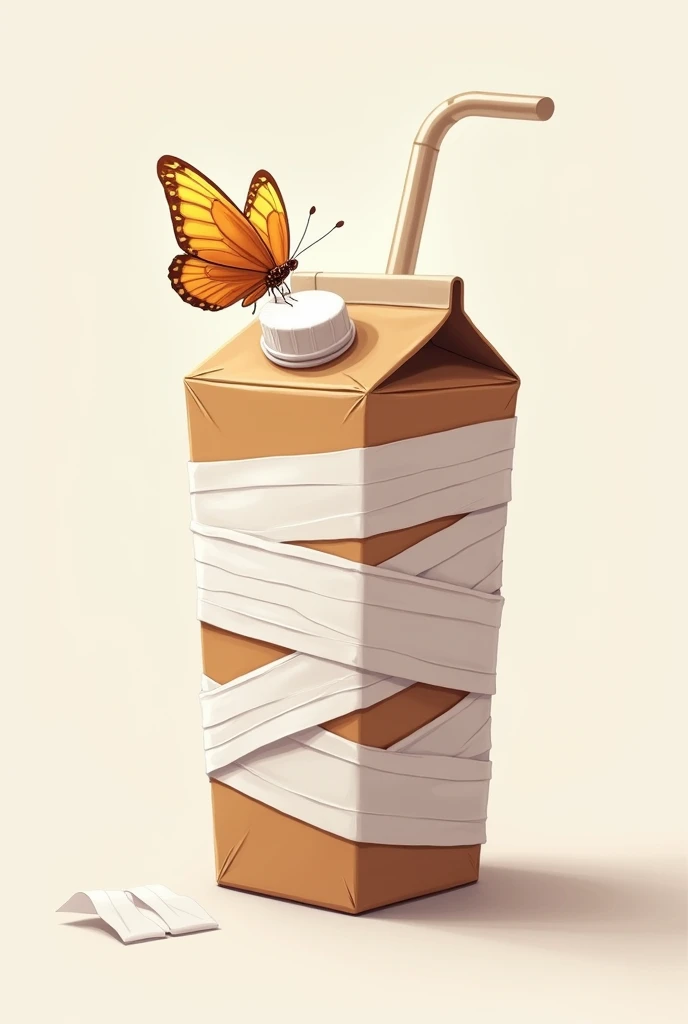 A brown juice box, with his straw ,that is covered in pure medical bandages and a butterfly