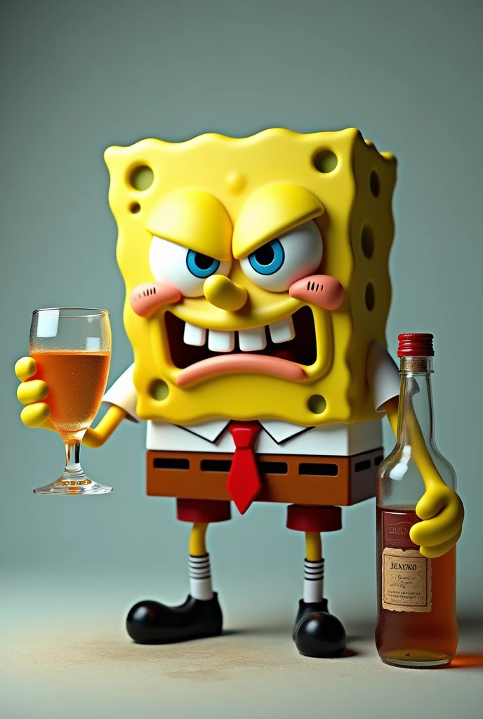 Spongebob hold alcohol one glasses and angryface and one hand is hold a alcohol bottle