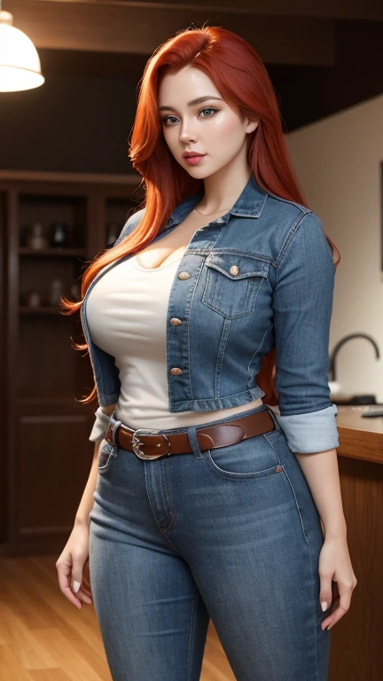 Adult female,Full body suit Perfect facial,Big breasts, perfect face, woman with long red hair and very long red hair, wearing orange t-shirt, curvy body,red lips,Standing in the middle of the room , green eyes, super long red hair with very super long red hair, wearing black jeans with red belt, proportions high and good of anime figure,ultra detailed, cinematic lighting , perfect face, wearing blue jacket