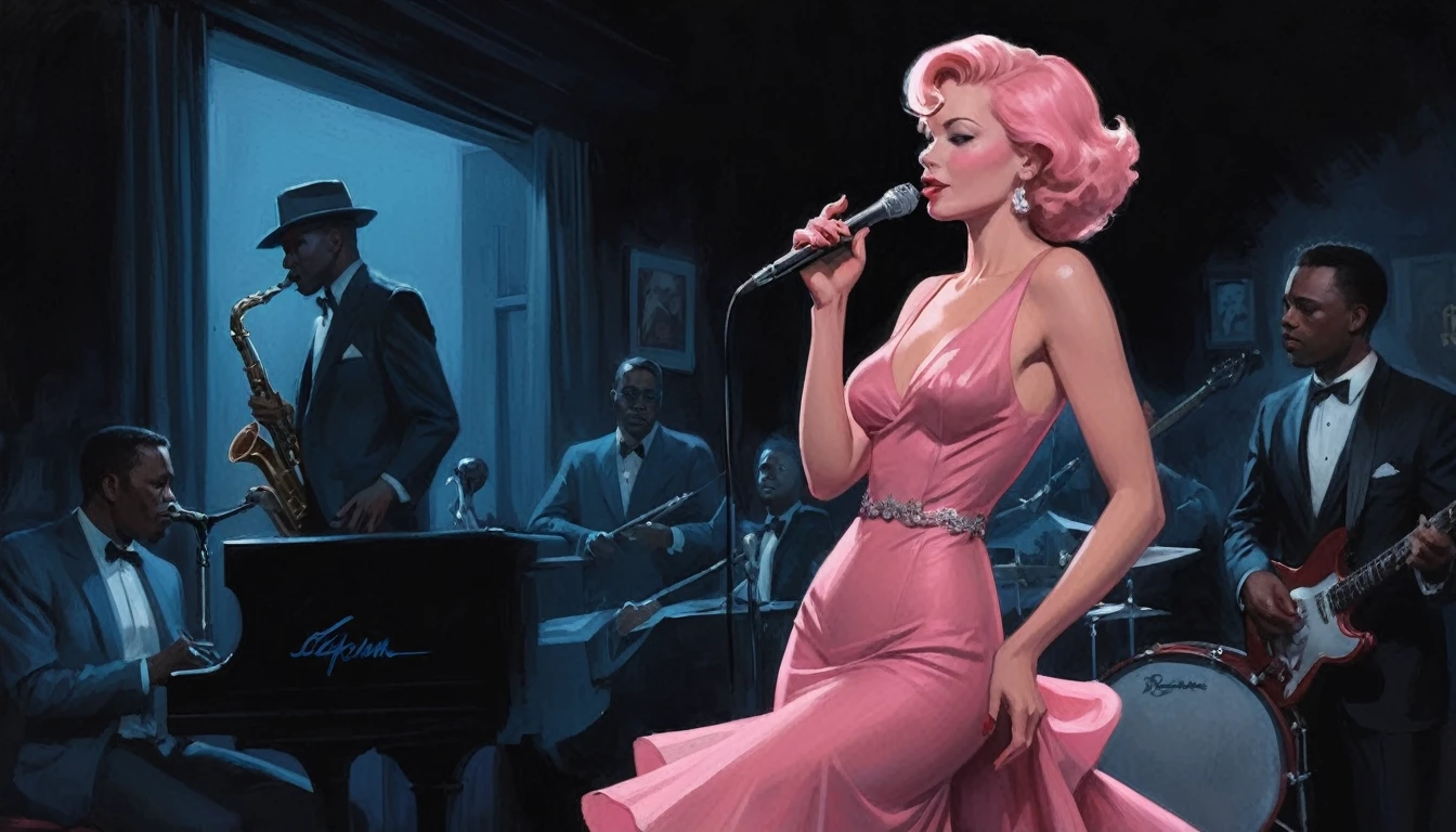 alabama bar, blue note, charismatic, baterist, guitarist, saxophonist, jazz band, pink dress, illustration, noir fantasy, singer lady,