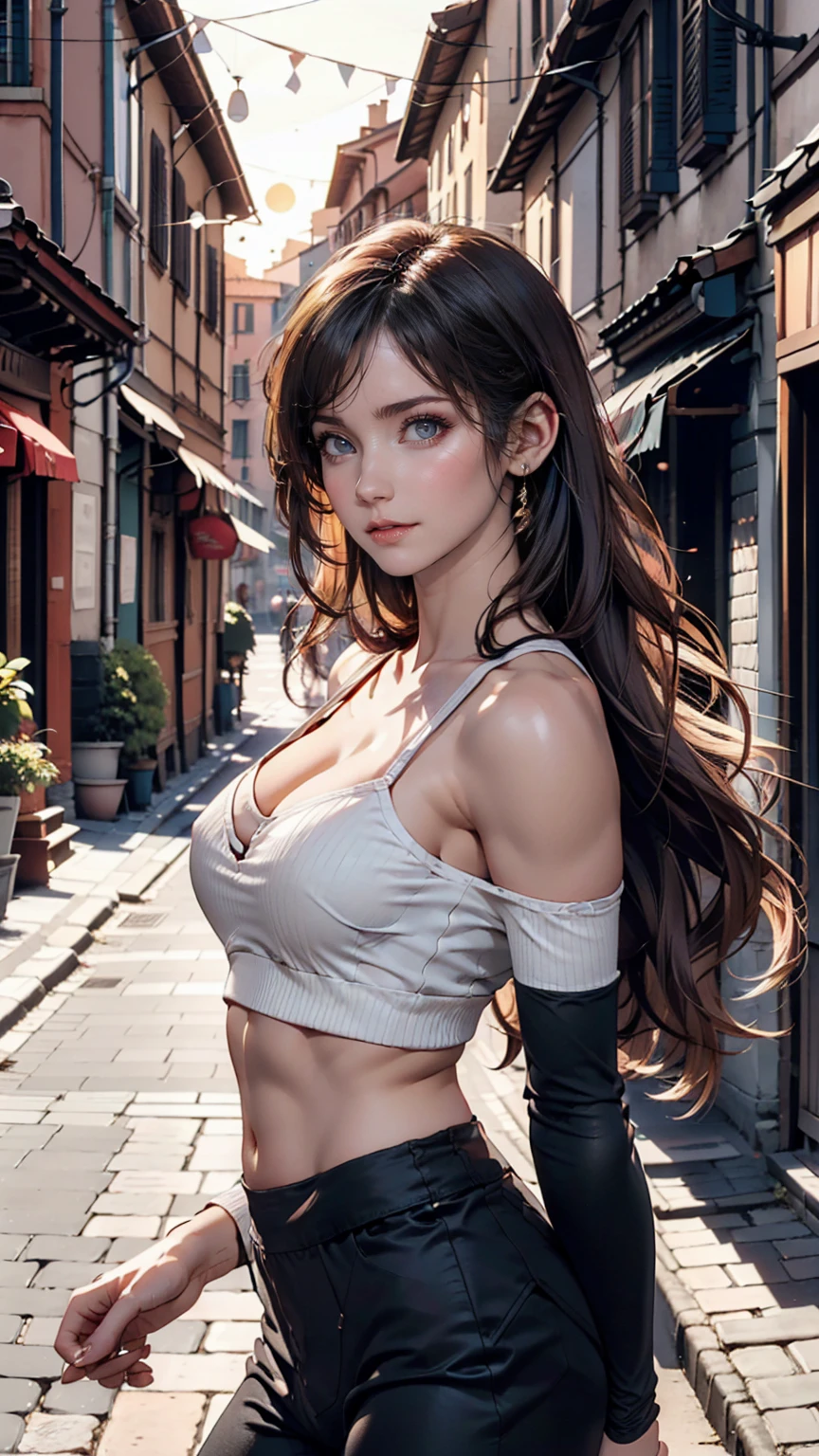 ((Highest quality, 8k, masterpiece :1.3)), Sharp focus :1.2, Perfect Body Beauty: 1.4, Slim Abs: 1.2, ((Dark brown hair, Big Breasts: 1.2)), (Natural light, City Street: 1.1 ), Highly detailed face and skin texture, Detailed eyes, double eyelid, (((Dynamic Angle)))、24-year-old woman、Sexy proportions、Narrow waist、Erotic female body、Black Hair、Inner color of silver hair((colored inner hair))、Silver accessories on the wrist、Realistic shaped breasts(Hanging down due to gravity)Nipple swelling emphasis、smile