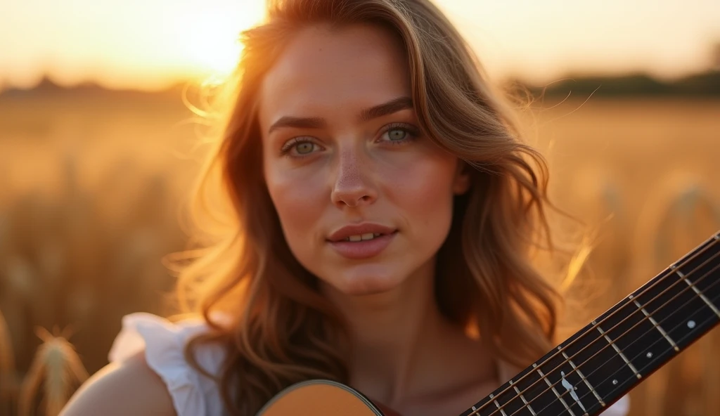 ((best quality)), ((masterpiece)),(detail), perfect face, full body shot of a young russian woman playing guitar, woman with v-line face and blue eyes, Clear face, clear guitar, latin style, golden hour, barley field scene, hyper-realistic photos, 8k, ultra high resolution,sharp faces
