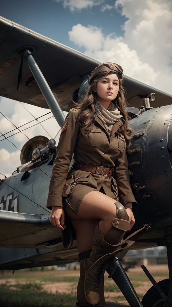 A faded old photograph，A girl，Female soldiers of World War II，sexly, plump body, huge breasts, Huge ass, beautiful legs, Rich in details，US Army Women's WWII uniform，Detailed facial details，The background is WWII weapons