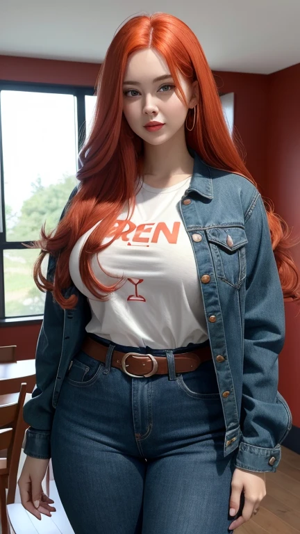 Adult female,Full body suit Perfect facial,Big breasts, perfect face, woman with long red hair and very long red hair, wearing orange t-shirt, curvy body,red lips,Standing in the middle of the room , green eyes, super long red hair with very super long red hair, wearing black jeans  with red belt,  proportions high and good of anime figure,ultra detailed, cinematic lighting , perfect face, wearing blue jacket 