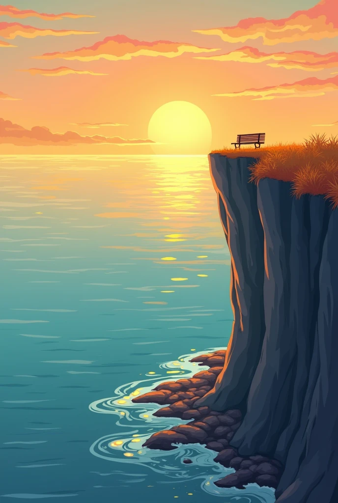 The picture shows a scenery in simple comic style. You can see a long cliff that protrudes from the right into the picture and towers over a sea. Below the cliff you can see a reef with water which can be seen in an autumn sunset. A bench stands a little further away from the edge of the cliff.. 